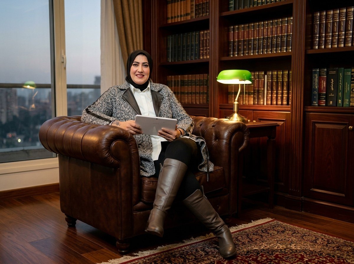 Counselor Hayam Gomaa reviewing cases on tablet